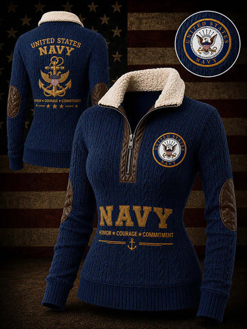 A navy blue knit quarter-zip sweater with a cream sherpa collar, featuring United States Navy graphics and patches, shown from both front and back views against a rustic American flag background.