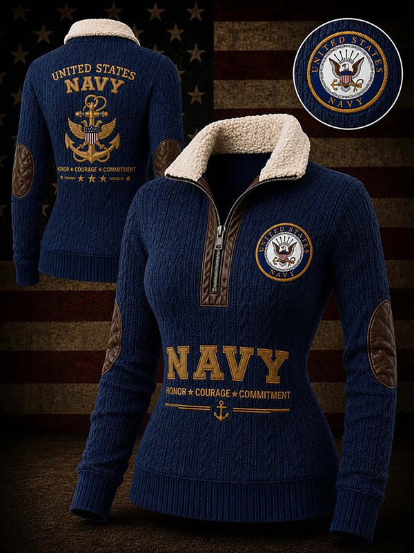 A navy blue knit quarter-zip sweater with a cream sherpa collar, featuring United States Navy graphics and patches, shown from both front and back views against a rustic American flag background.