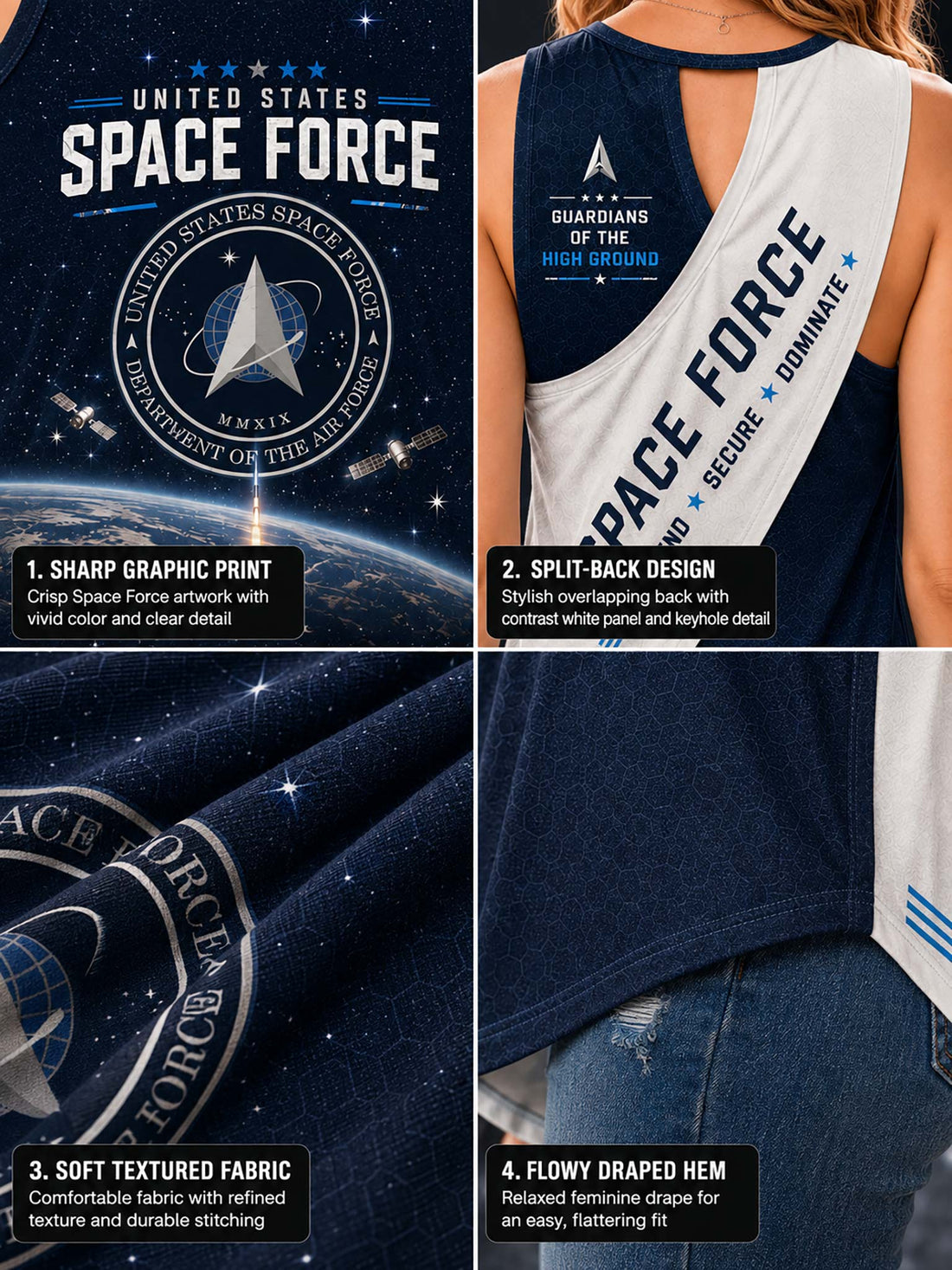 Two women modeling a sleeveless dark navy space-themed tank top with a large 'United States Space Force' graphic and a white sash that reads 'Space Force.' One shows the front and the other shows the back, photographed against a dark patriotic background with an American flag.