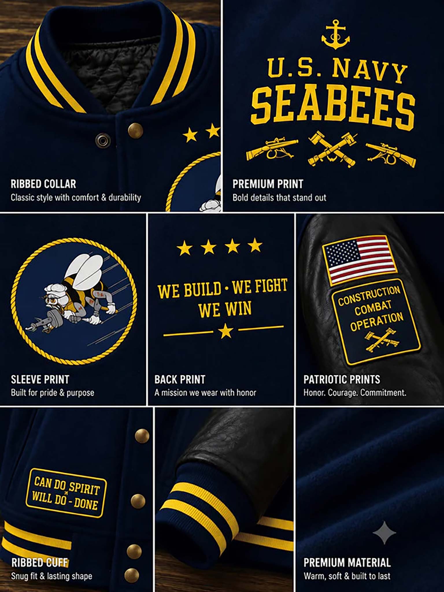 A 6-panel collage showing close-up views of a navy blue varsity-style jacket with yellow trim and U.S.