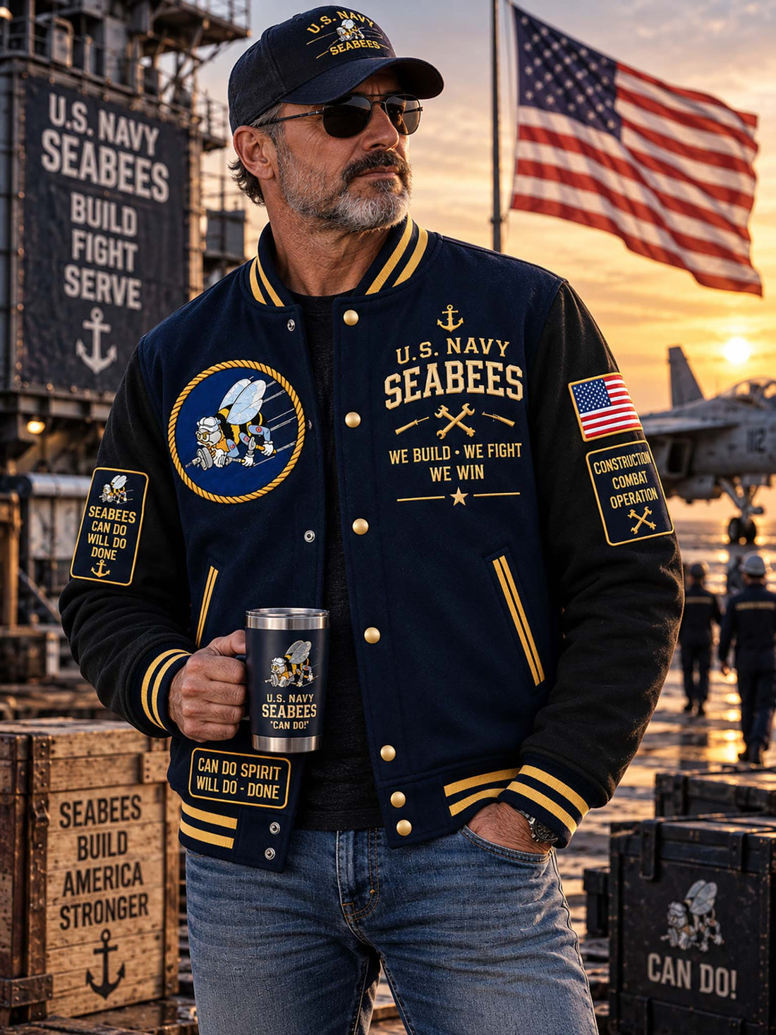 A navy and black varsity-style jacket with U.S.