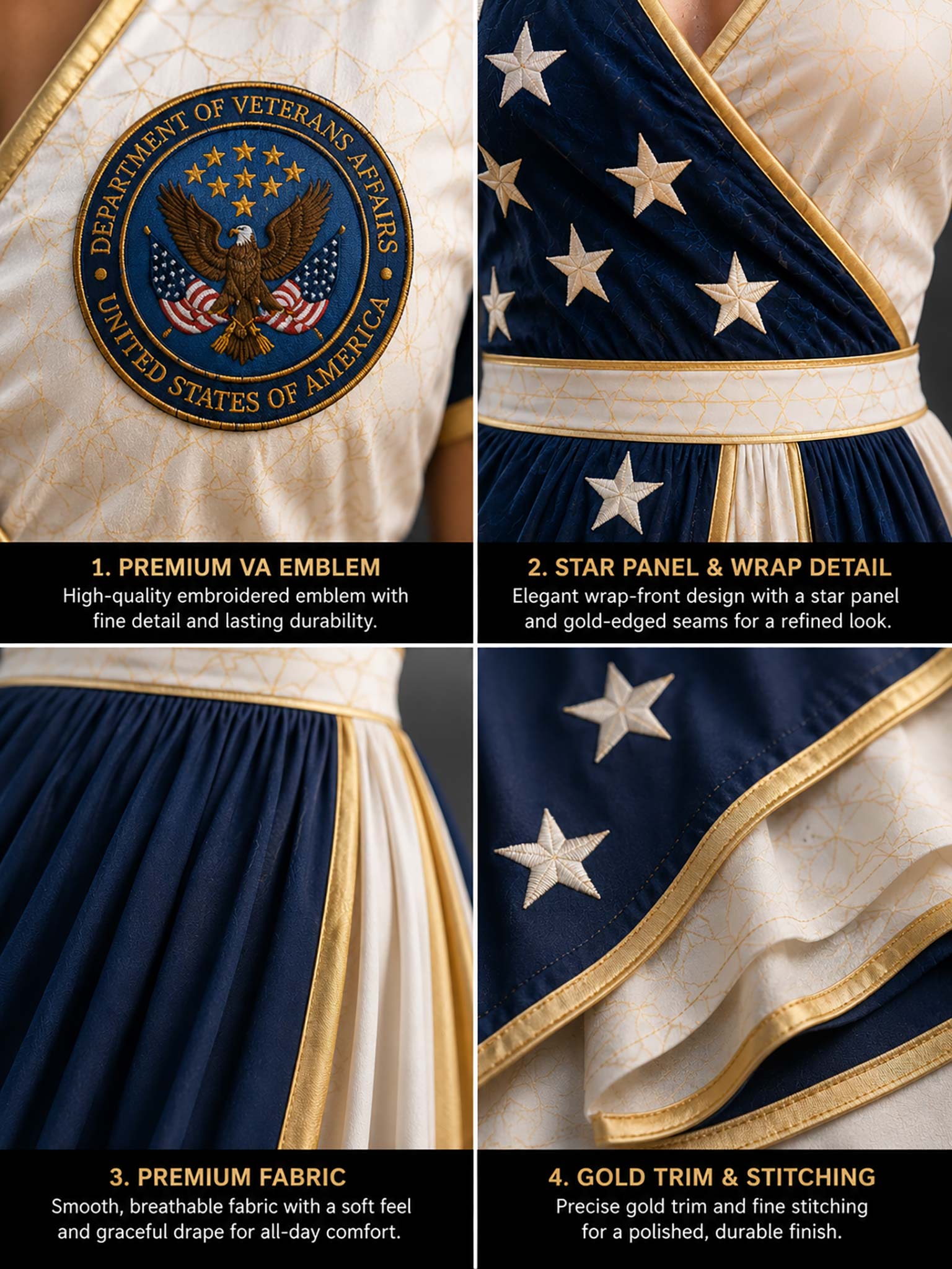 Four-panel product detail collage showing a navy and white embroidered dress or ceremonial garment with a gold-trimmed star panel, a gold and blue VA emblem, smooth navy fabric, and gold stitched trim. Text labels describe each feature.