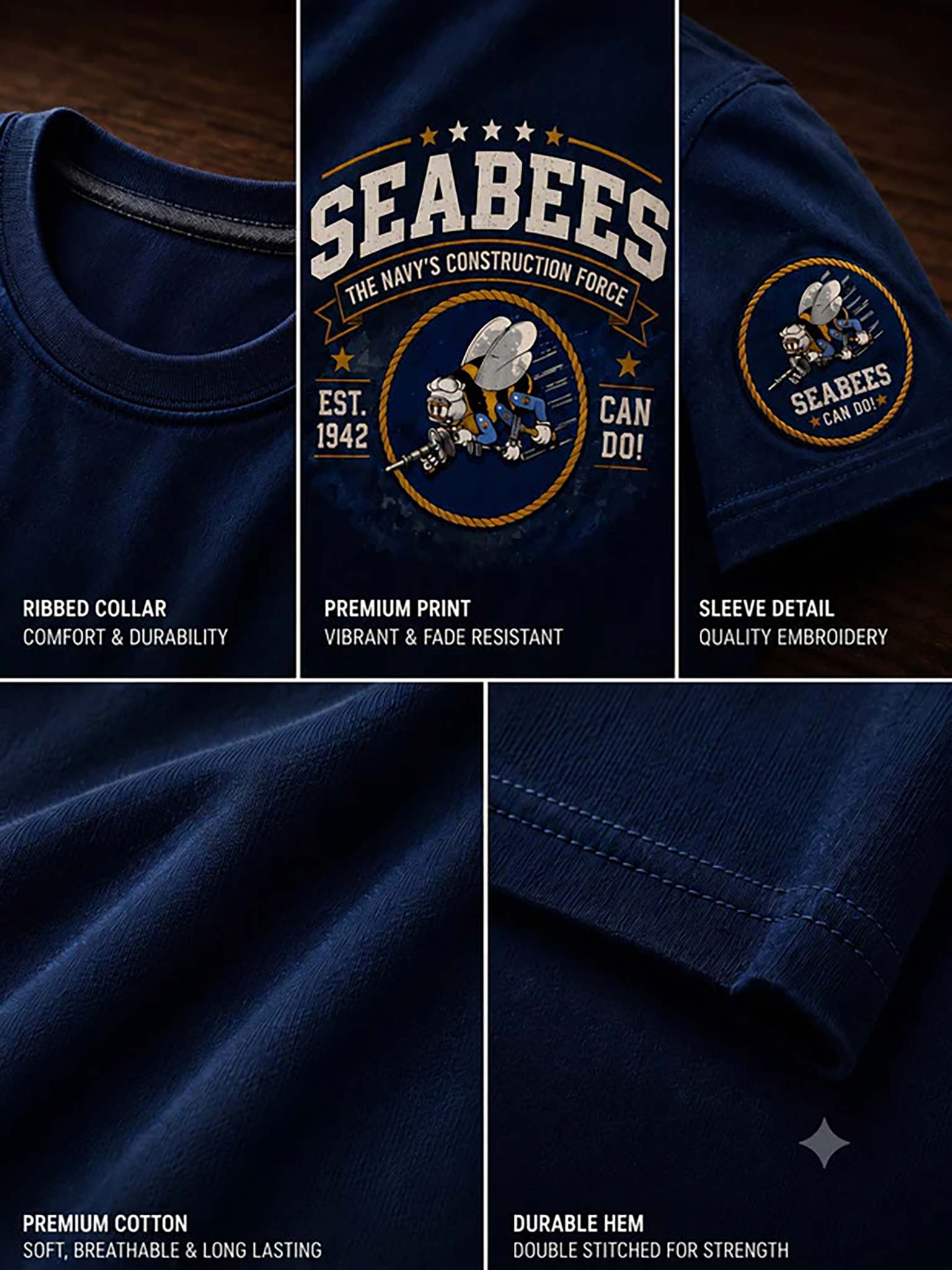 A navy blue short-sleeve t-shirt shown in a five-panel feature collage with text callouts. The center panel shows a large front chest graphic reading 'SEABEES THE NAVY'S CONSTRUCTION FORCE' with a construction worker illustration and 'CAN DO! EST.