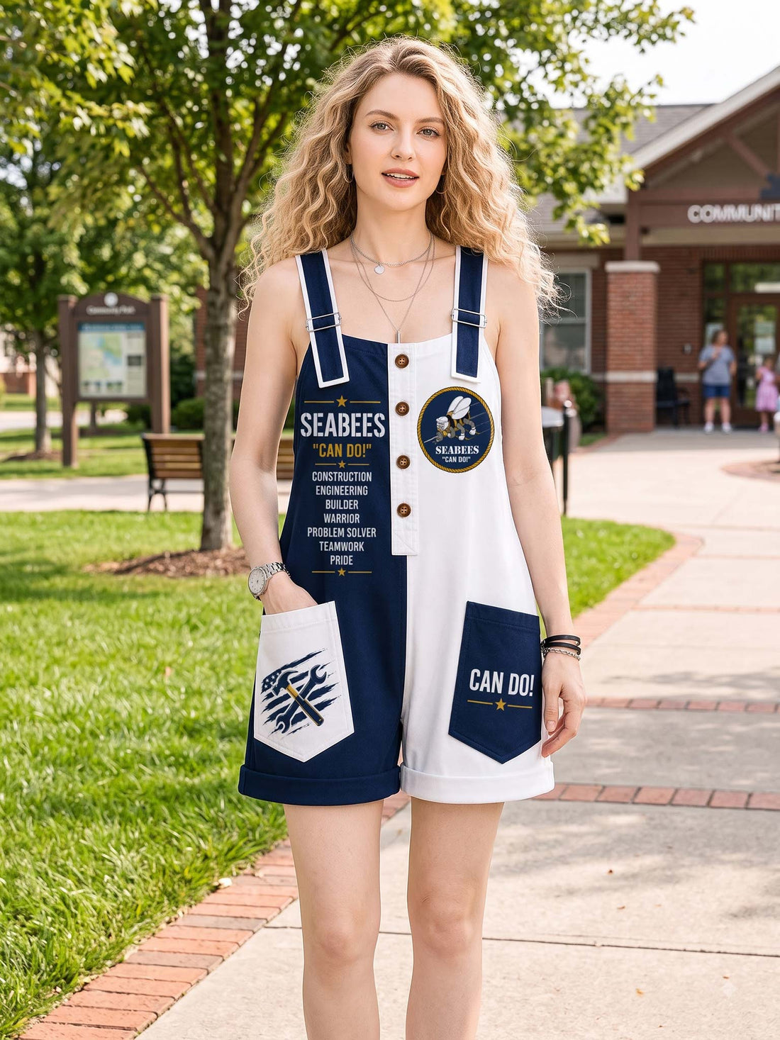 A woman wearing a navy blue and white Seabees-themed overall romper with 'CAN DO!' text and patches, standing against a neutral outdoor wall.
