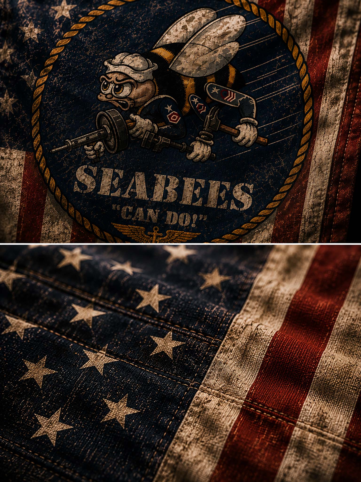 A distressed American flag design featuring a circular emblem with a cartoon submarine and the words 'SEABEES CAN DO!'. The top half shows the emblem over the flag, while the bottom half shows a close-up of the flag's stars and stripes.