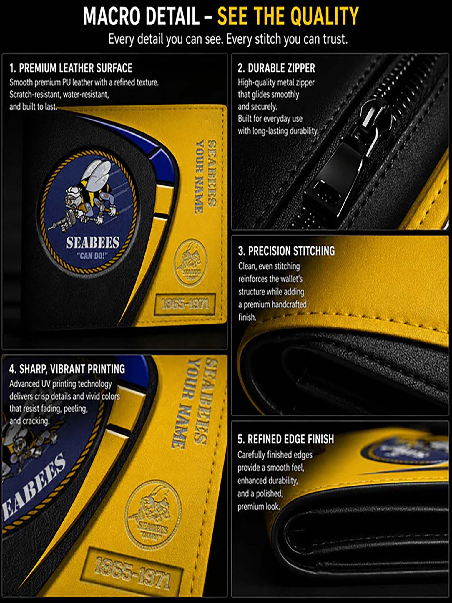 A detailed product feature infographic showing a close-up of a Star Trek-themed wallet. The image contains five labeled panels highlighting the premium leather surface, durable zipper, precision stitching, sharp vibrant printing, and refined edge finish.