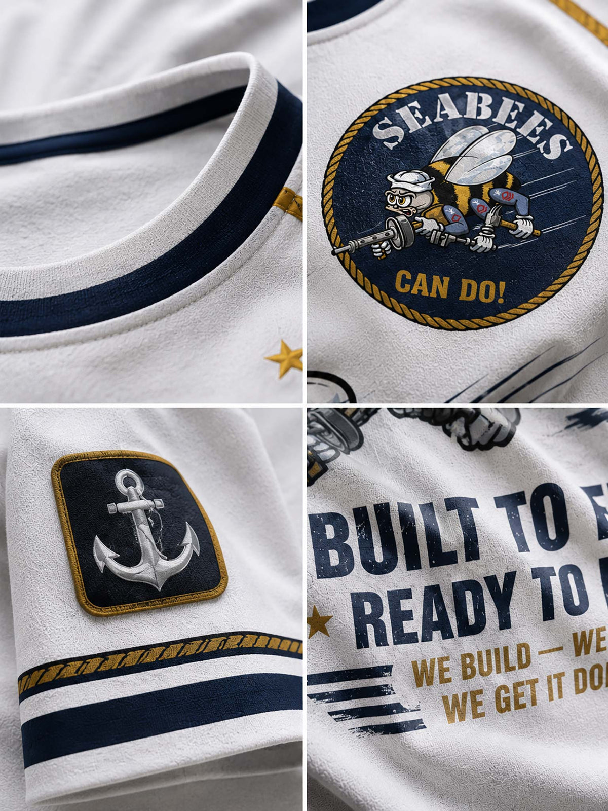 A four-panel close-up collage of a white short-sleeve shirt with navy and gold nautical graphics. The top-left panel shows the ribbed collar with navy trim.