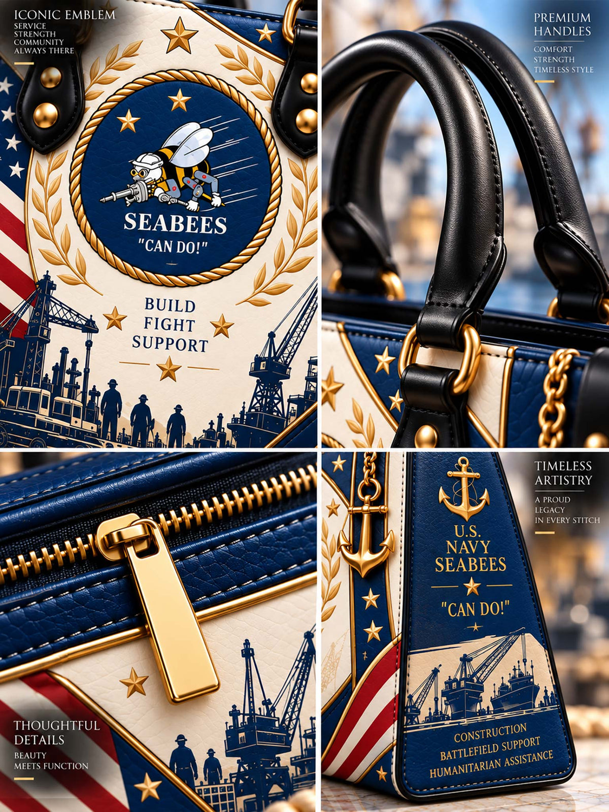 Seabees Heritage Elegance Leather Bag handle, zipper and printed design details