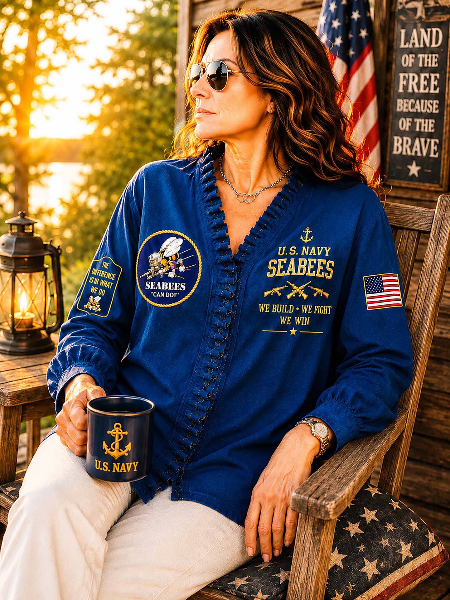 A woman wearing a royal blue U.S.