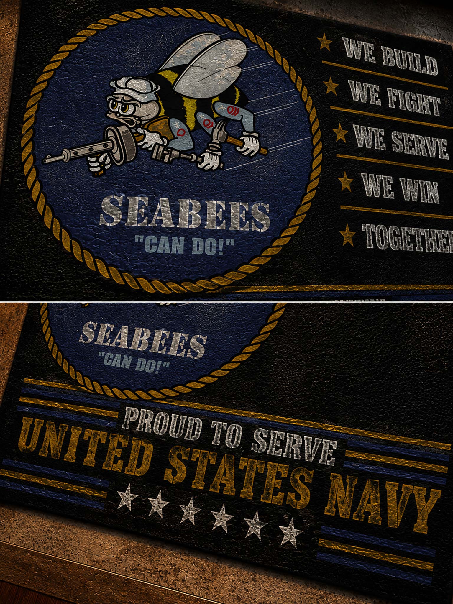 Two rectangular embroidered patches or mats with a navy Seabees design, shown stacked. The top piece features a Seabees mascot with a wrench and the words 'SEABEES CAN DO!' plus a list of slogans on the right.
