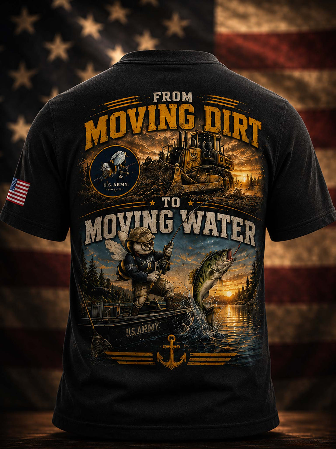 A black short-sleeve t-shirt shown from the back, featuring a large graphic print with the text 'FROM MOVING DIRT TO MOVING WATER' and a detailed scene of a man fishing from a boat with a leaping fish, a tractors, and a U.S.