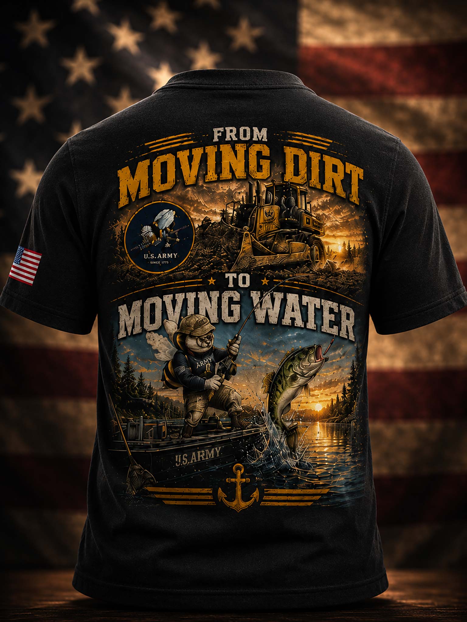 A black short-sleeve t-shirt shown from the back, featuring a large graphic print with the text 'FROM MOVING DIRT TO MOVING WATER' and a detailed scene of a man fishing from a boat with a leaping fish, a tractors, and a U.S.