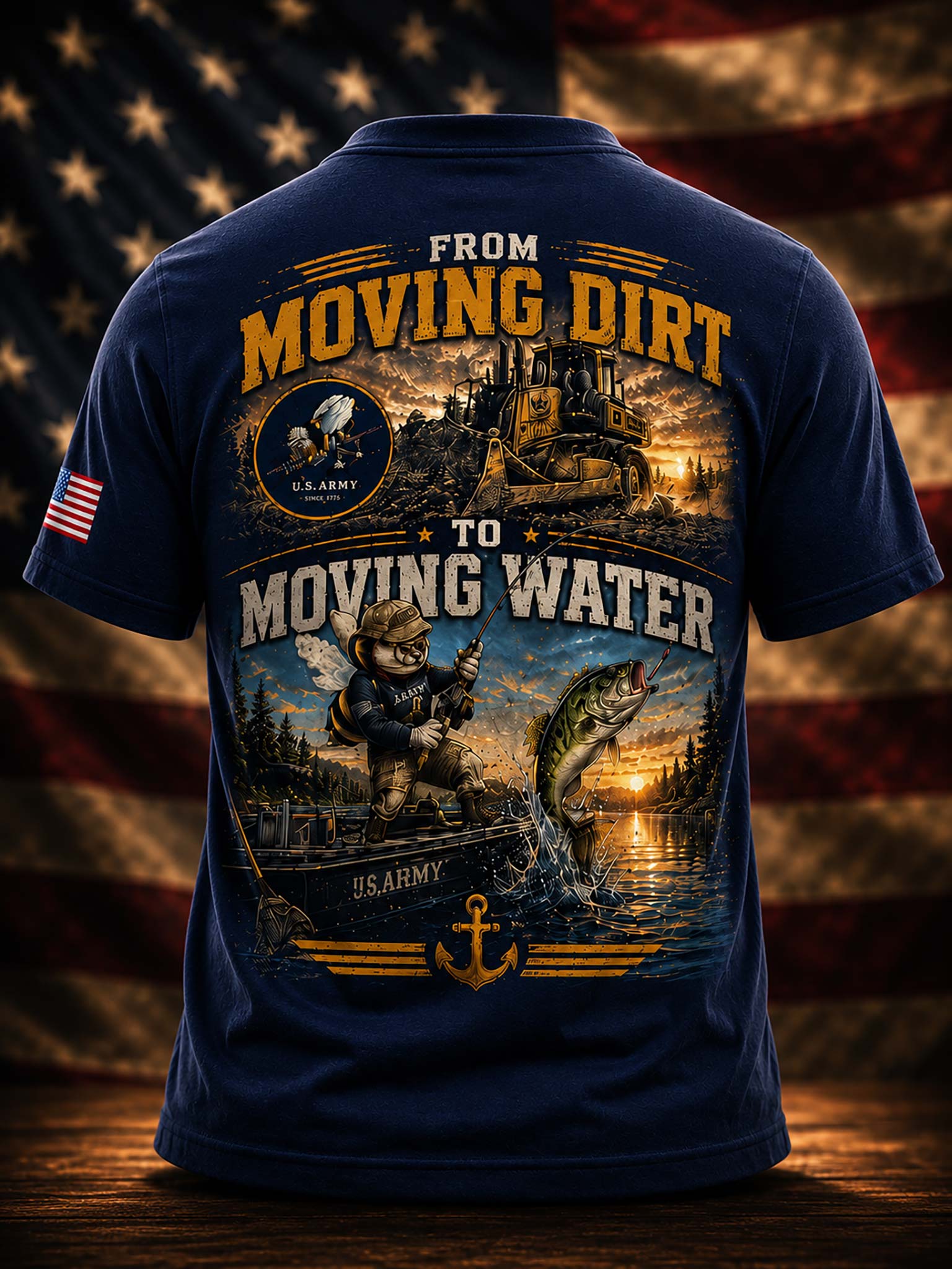A navy blue short-sleeve t-shirt shown from the back, featuring a large graphic print with the text 'FROM MOVING DIRT TO MOVING WATER' and a detailed scene of a man fishing from a boat with a leaping fish, a tractors, and a U.S.