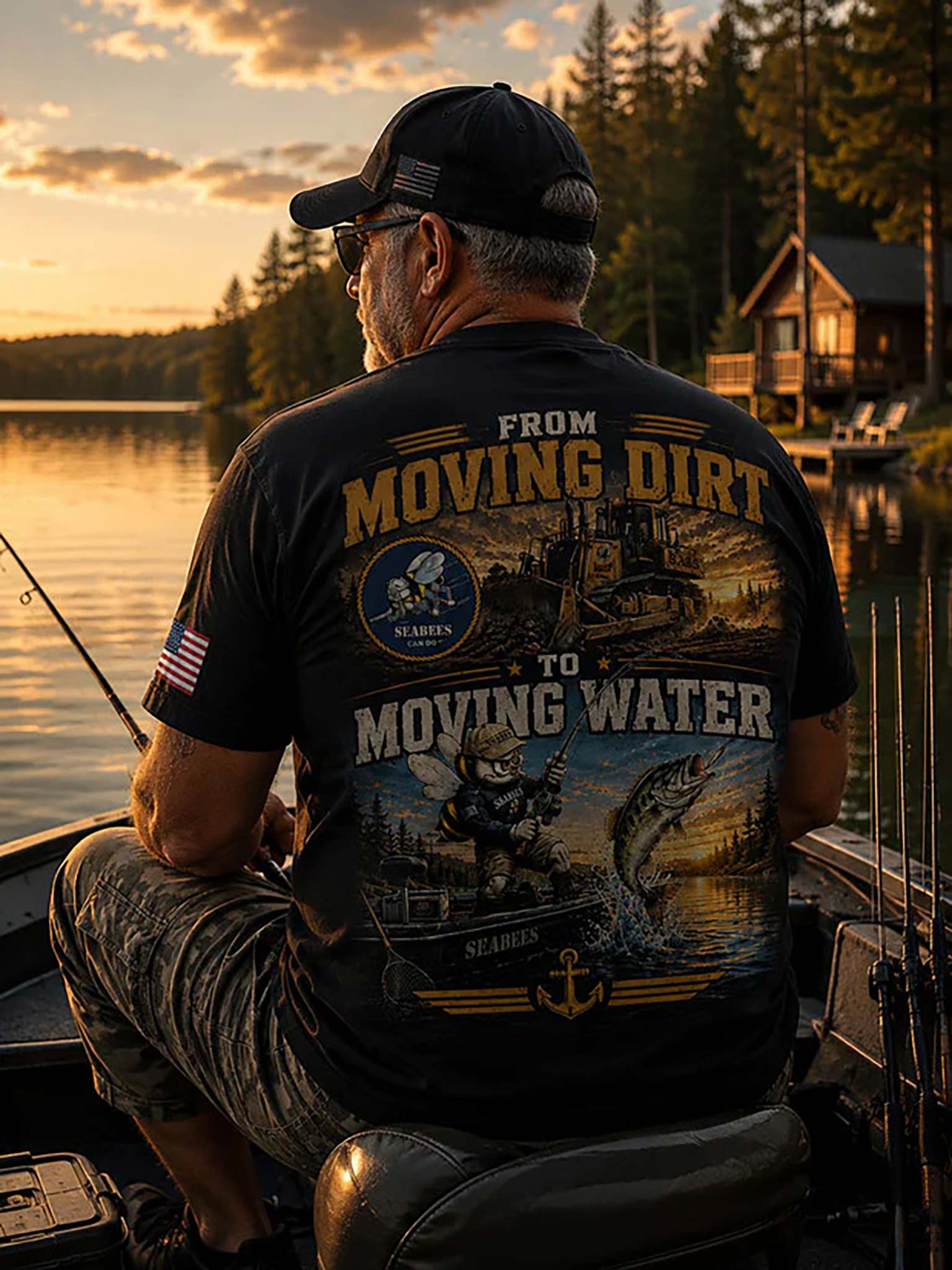 A man sitting in a boat on a lake at sunset, viewed from behind, wearing a black graphic t-shirt with a large design that reads 'FROM MOVING DIRT TO MOVING WATER' and features a fisherman and boat illustration. The shirt also has a circular 'Seaborn' logo on the back and a small American flag patch on the sleeve.
