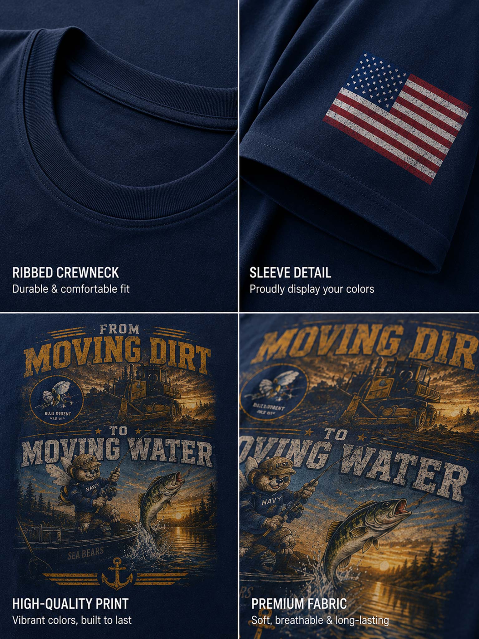 A four-panel product detail collage of a navy blue short-sleeve T-shirt. The top-left panel shows the ribbed crewneck.