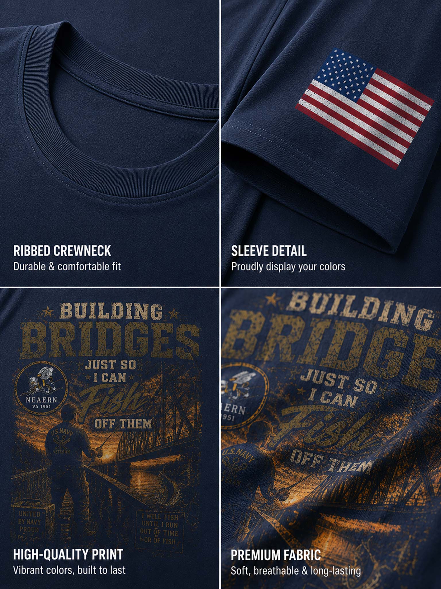 A four-panel product detail collage of a navy blue T-shirt. The top-left panel shows the ribbed crewneck.