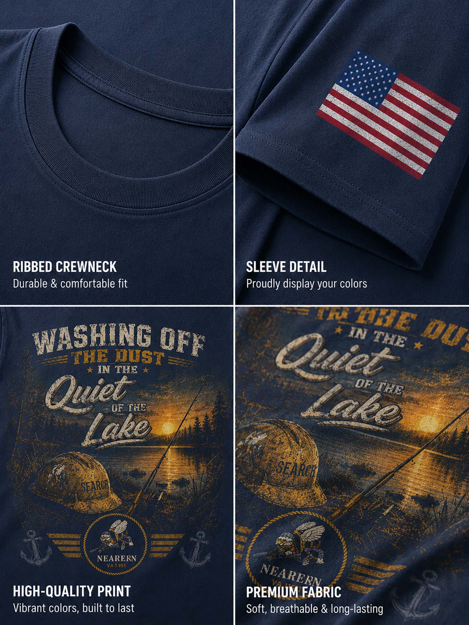 A four-panel product detail collage of a navy blue crewneck T-shirt. The top-left panel shows the ribbed crew neck.