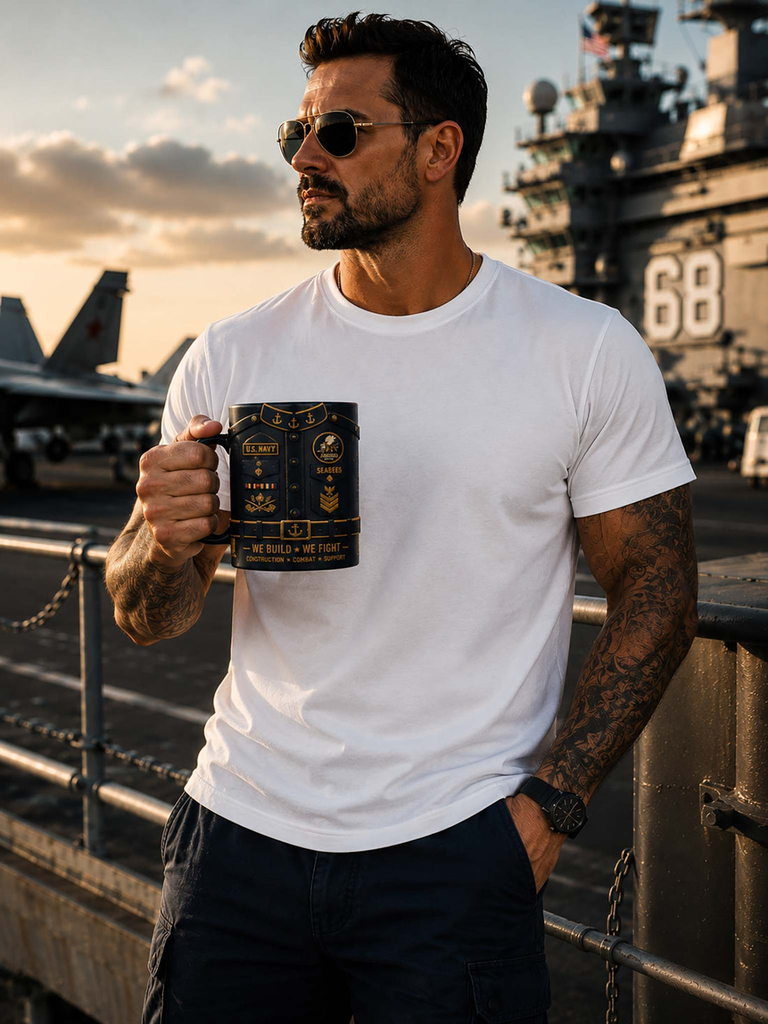 A dark navy blue ceramic mug designed to look like a U.S.