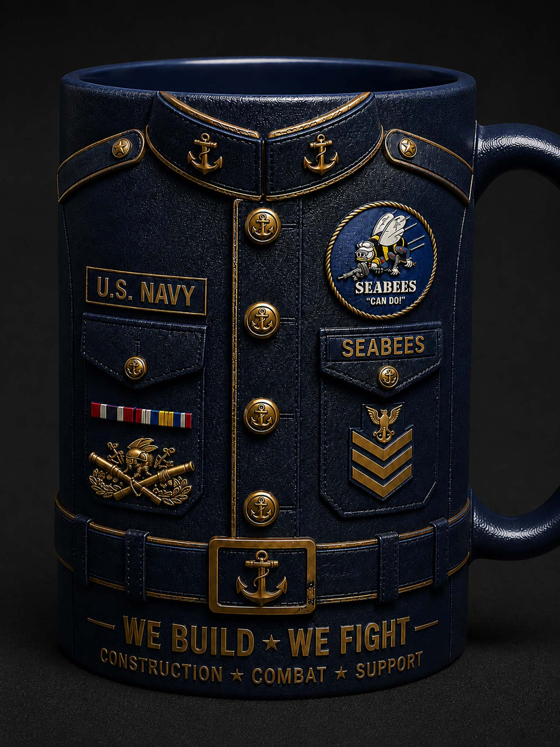 A dark navy blue ceramic mug designed to look like a U.S.