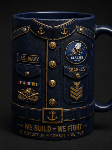 A dark navy blue ceramic mug designed to look like a U.S.