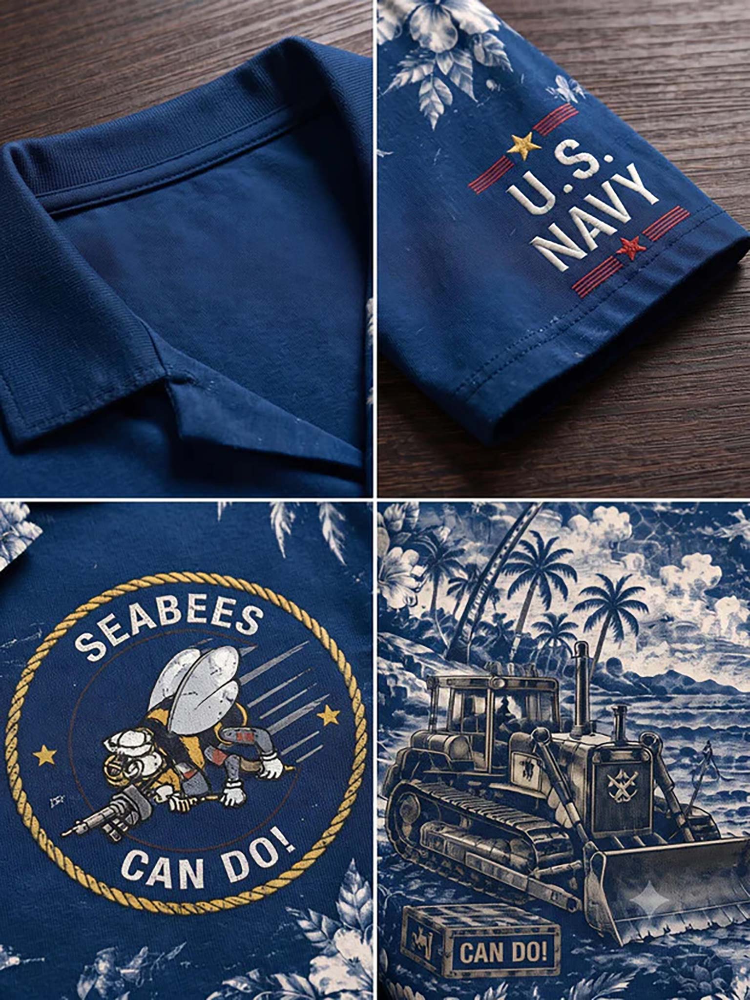 A four-panel collage showing a navy blue short-sleeve shirt or shorts fabric design: a collar close-up, sleeve print reading U.S.