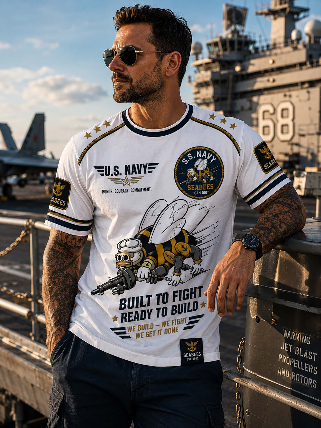 A white short-sleeve crewneck t-shirt with a detailed U.S.