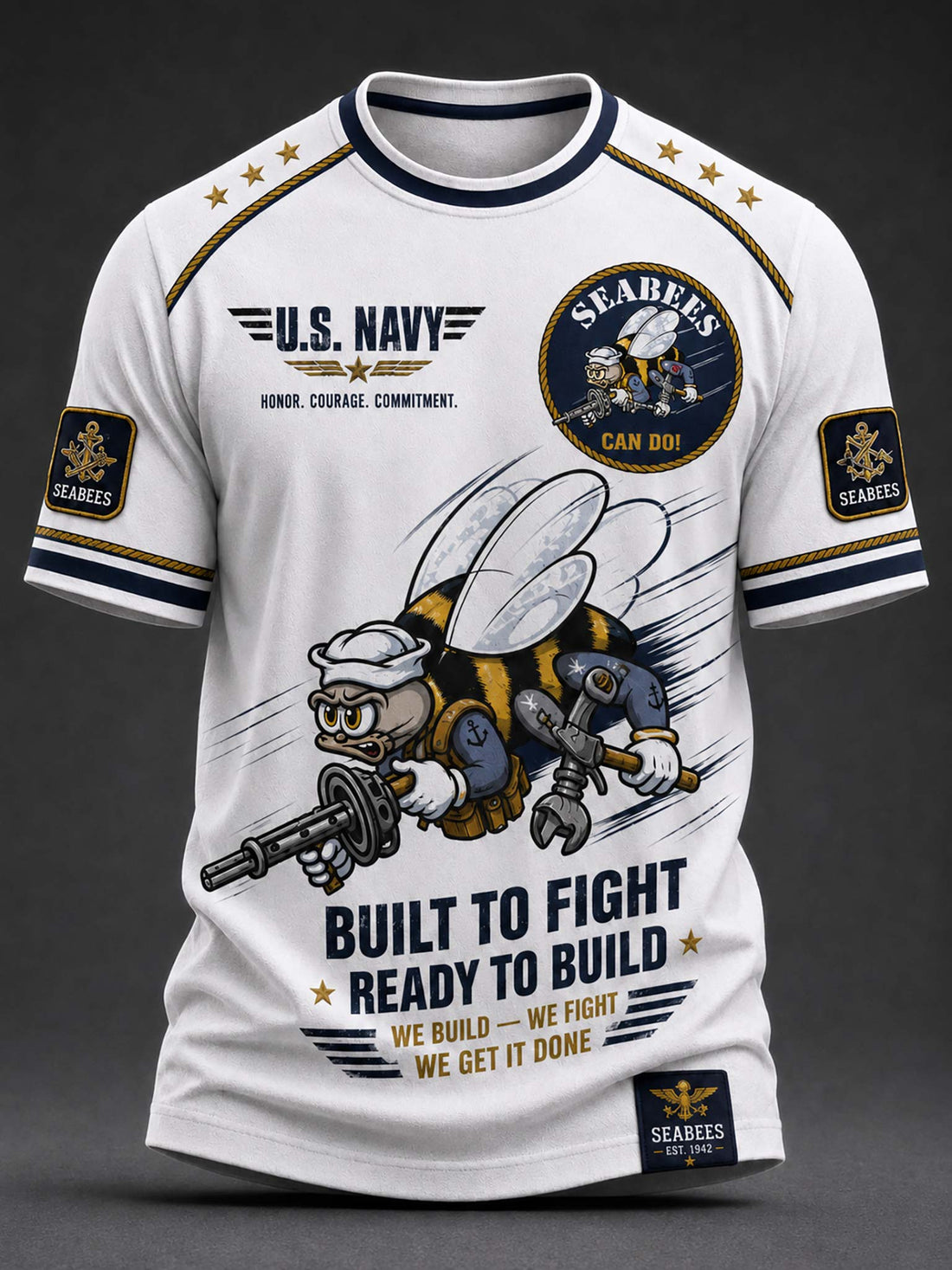 A white short-sleeve crewneck t-shirt with a detailed U.S.