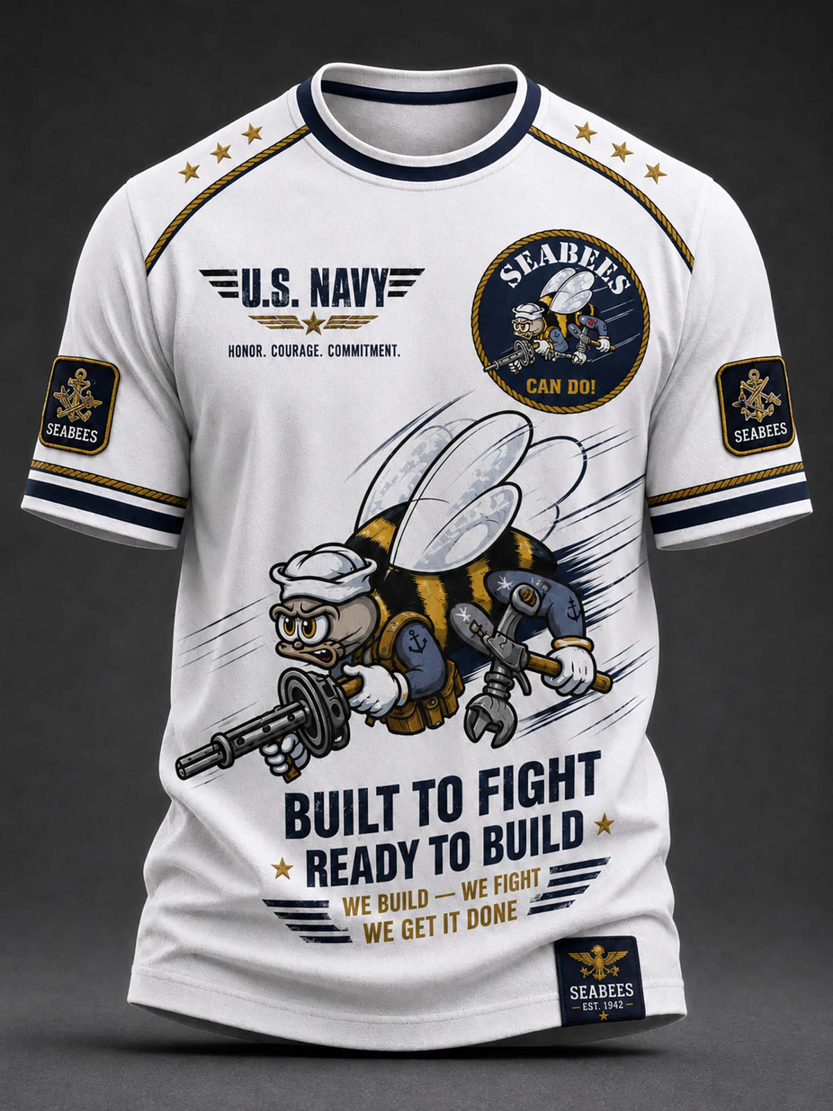 A white short-sleeve crewneck t-shirt with a detailed U.S.
