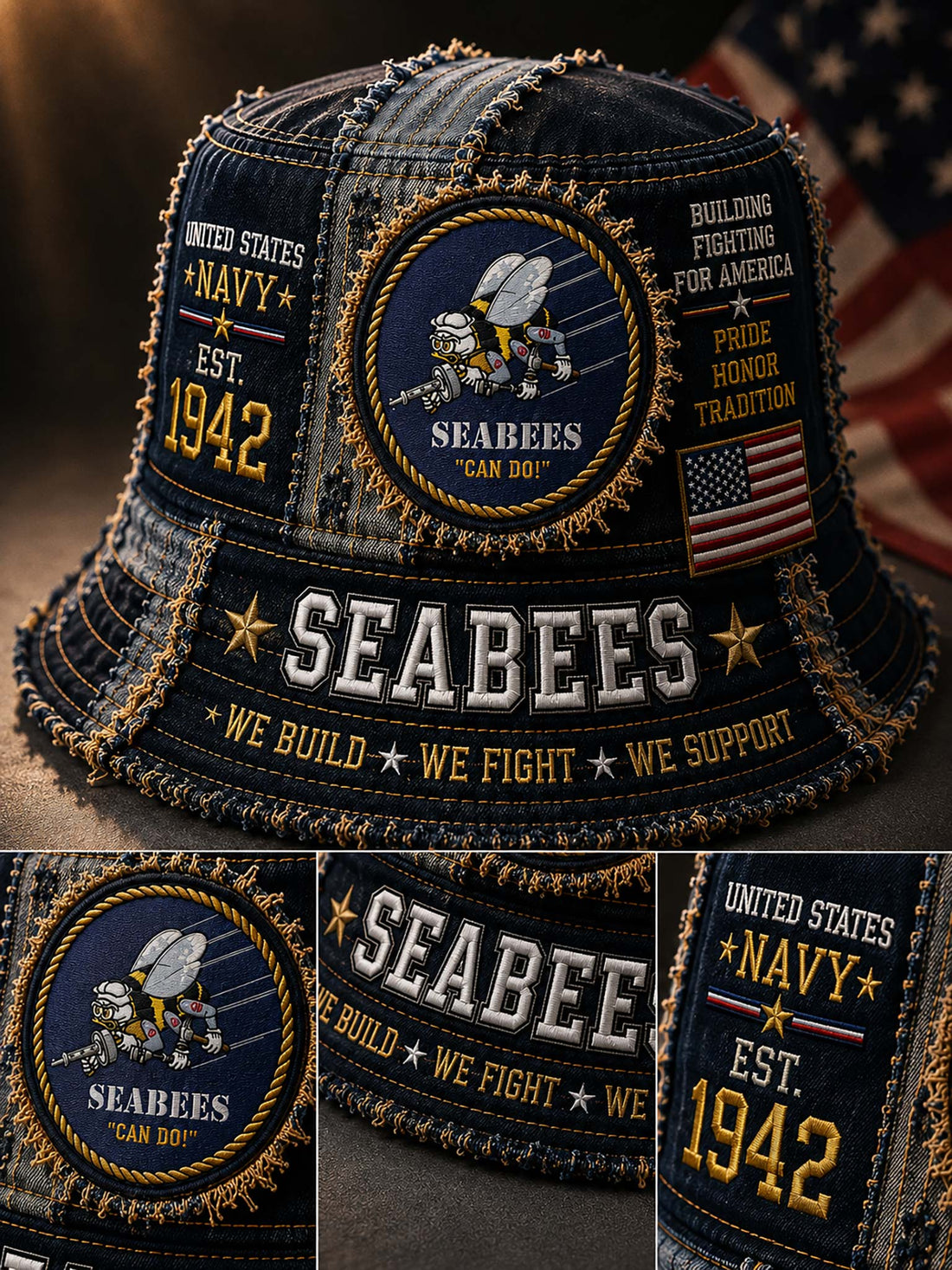 A distressed denim bucket hat with embroidered Seabees and United States Navy 1942 patches, shown with three detail inset images at the bottom.