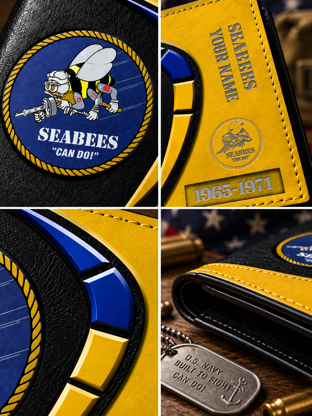 A collage showing a custom leather wallet with U.S.