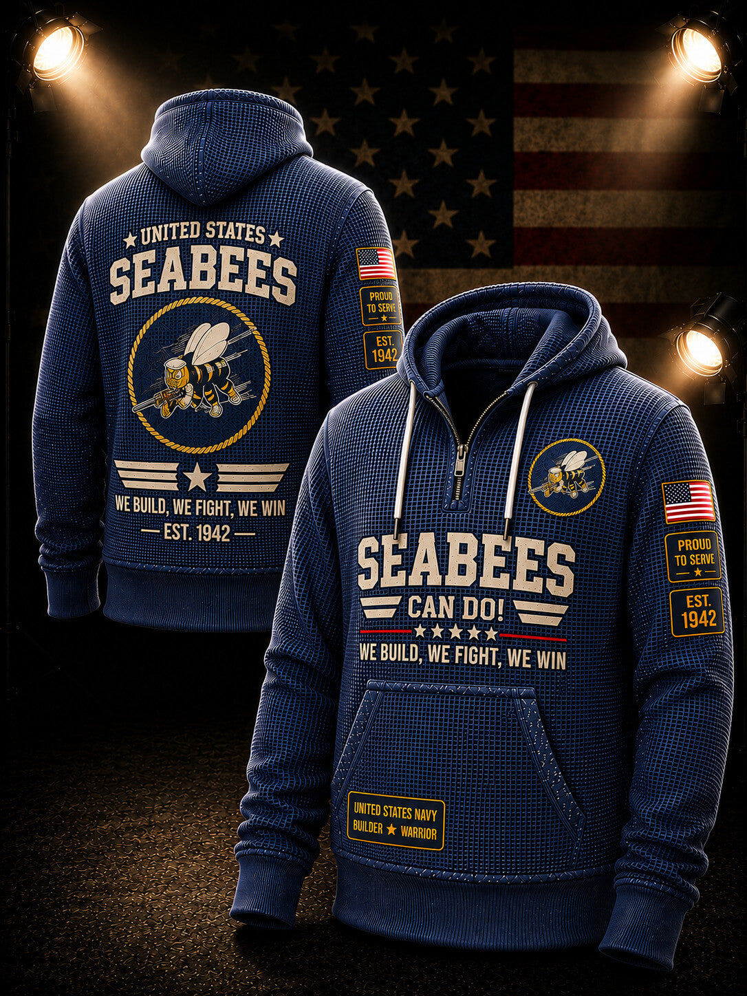 A navy blue waffle-knit pullover hoodie shown from both front and back, featuring large white and gold 'SEABEES' text, a Seabee emblem, American flag patches on the sleeves, and a gold 'United States Navy Honor & Honor' patch on the front pocket. The hoodie is displayed against a dark background with an American flag and spotlight effects.