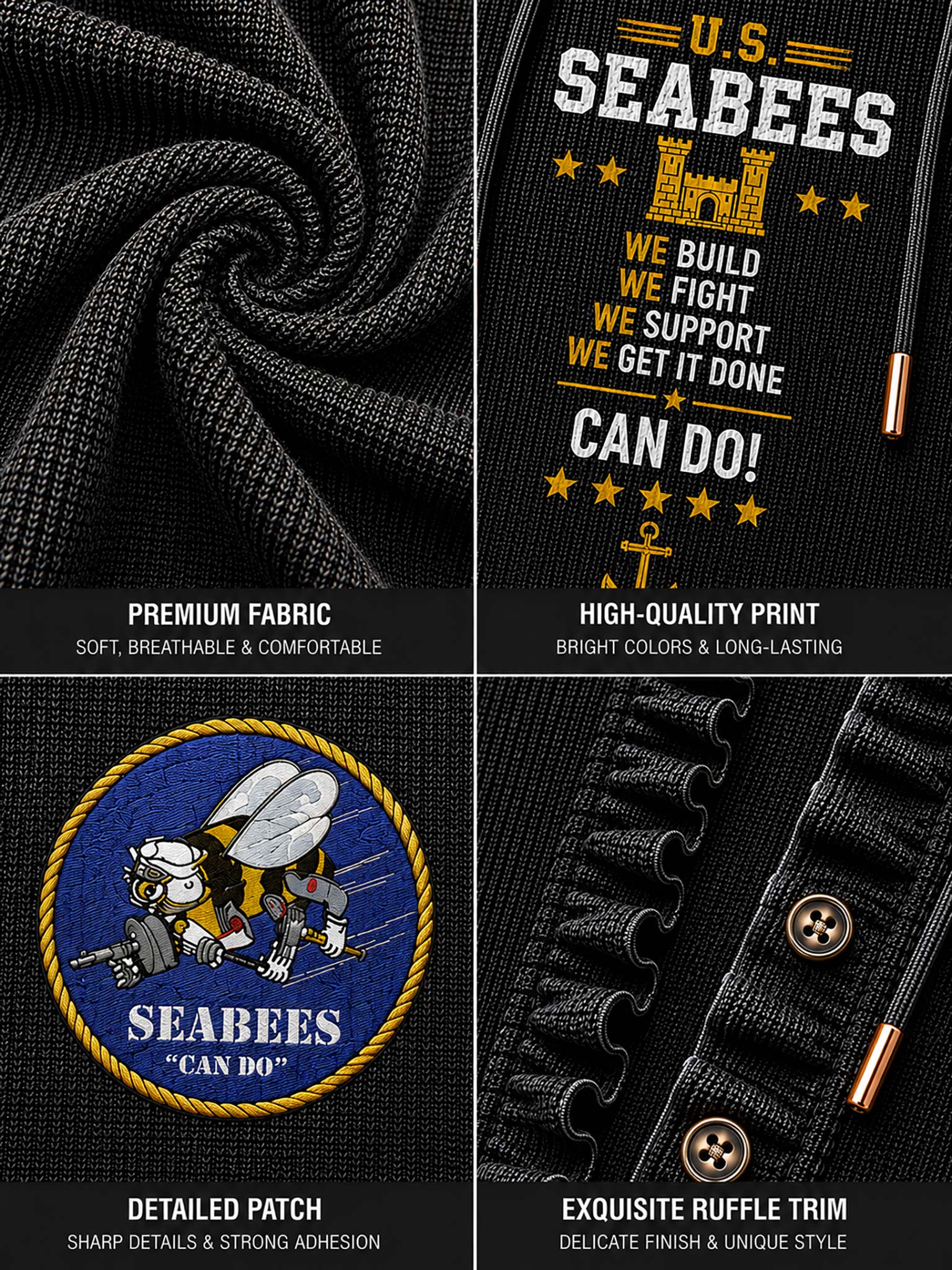 A four-panel product showcase of a black ribbed knit top featuring a 'U.S.