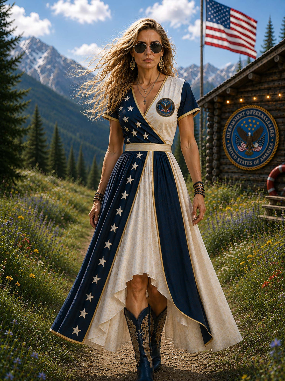A woman stands outdoors in a mountain meadow wearing a high-low dress with a navy and cream color-blocked design, white stars on the skirt panels, and a matching belt. She is wearing cowboy boots and sunglasses, with a rustic cabin, American flag, and mountains in the background.