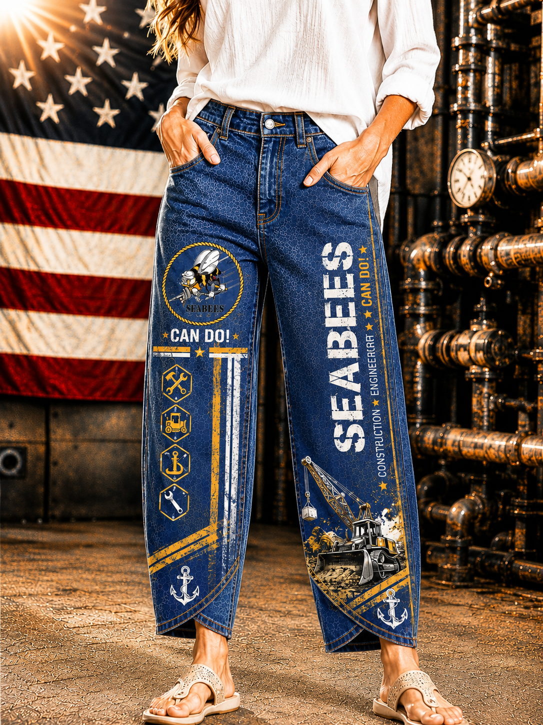 A person wearing blue jeans with large nautical and construction-themed graphics, standing in an industrial setting with an American flag and metal pipes in the background.