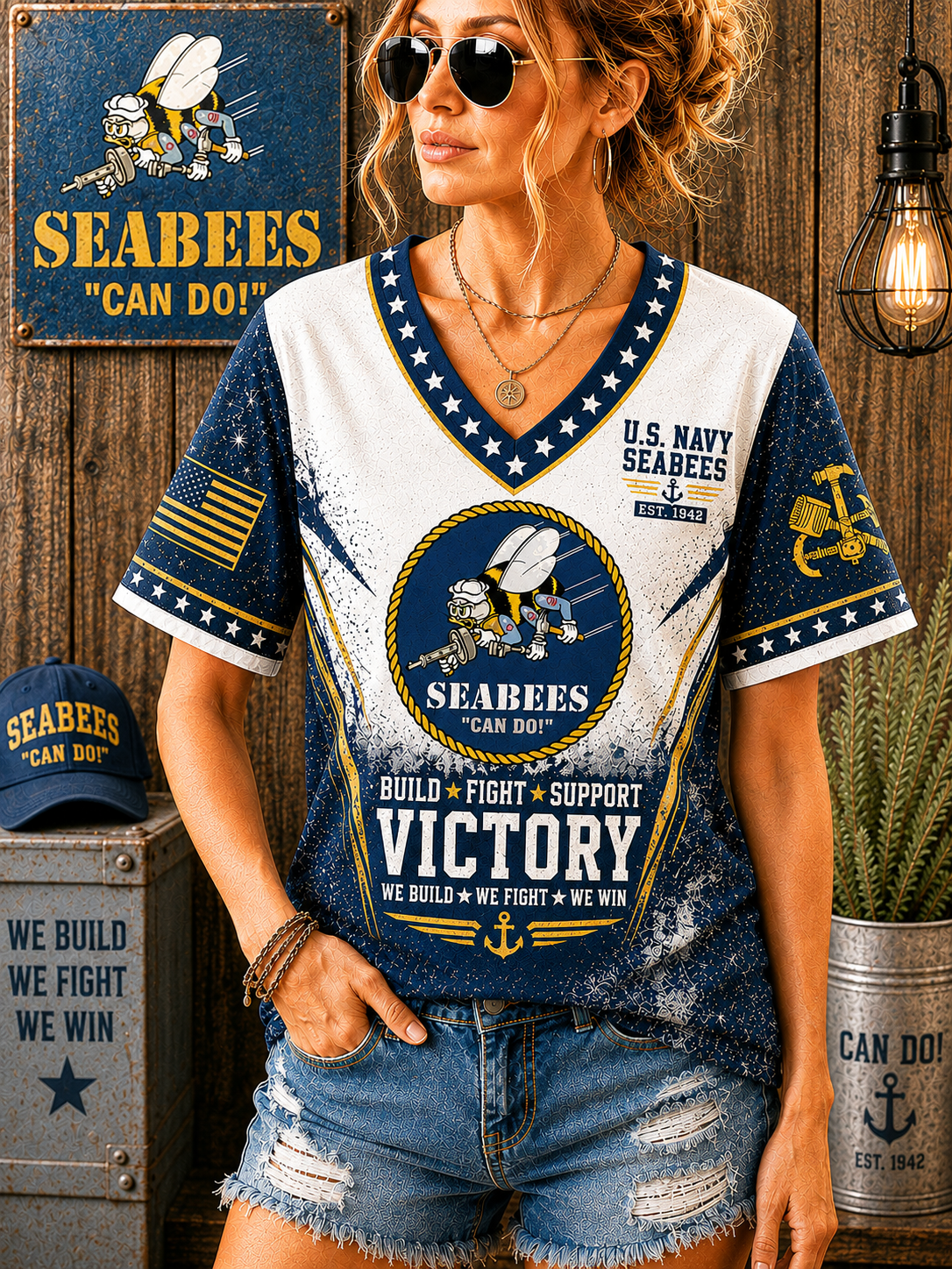 A woman wearing a navy and white V-neck t-shirt with a distressed U.S.