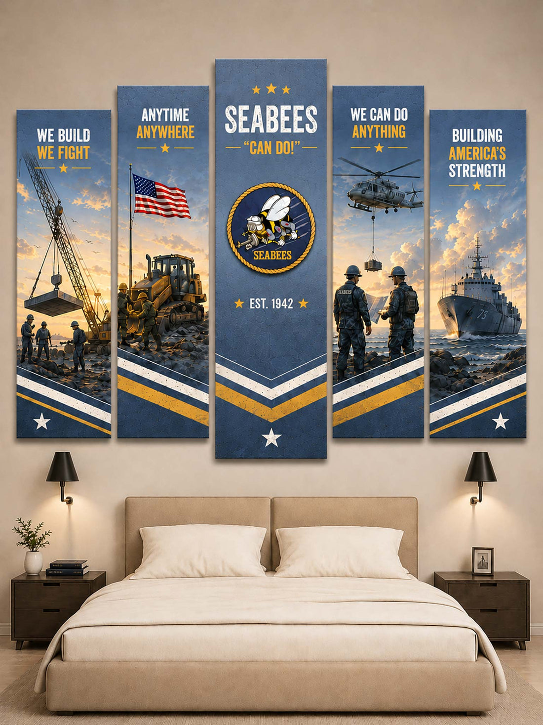 A 5-panel canvas wall art set depicting the US Navy Seabees emblem and military scenes, displayed on a beige wall above a bed in a modern bedroom setting.
