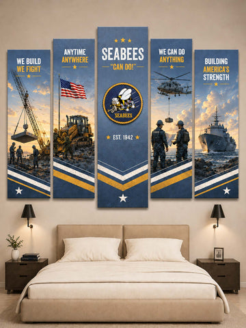 A 5-panel canvas wall art set depicting the US Navy Seabees emblem and military scenes, displayed on a beige wall above a bed in a modern bedroom setting.