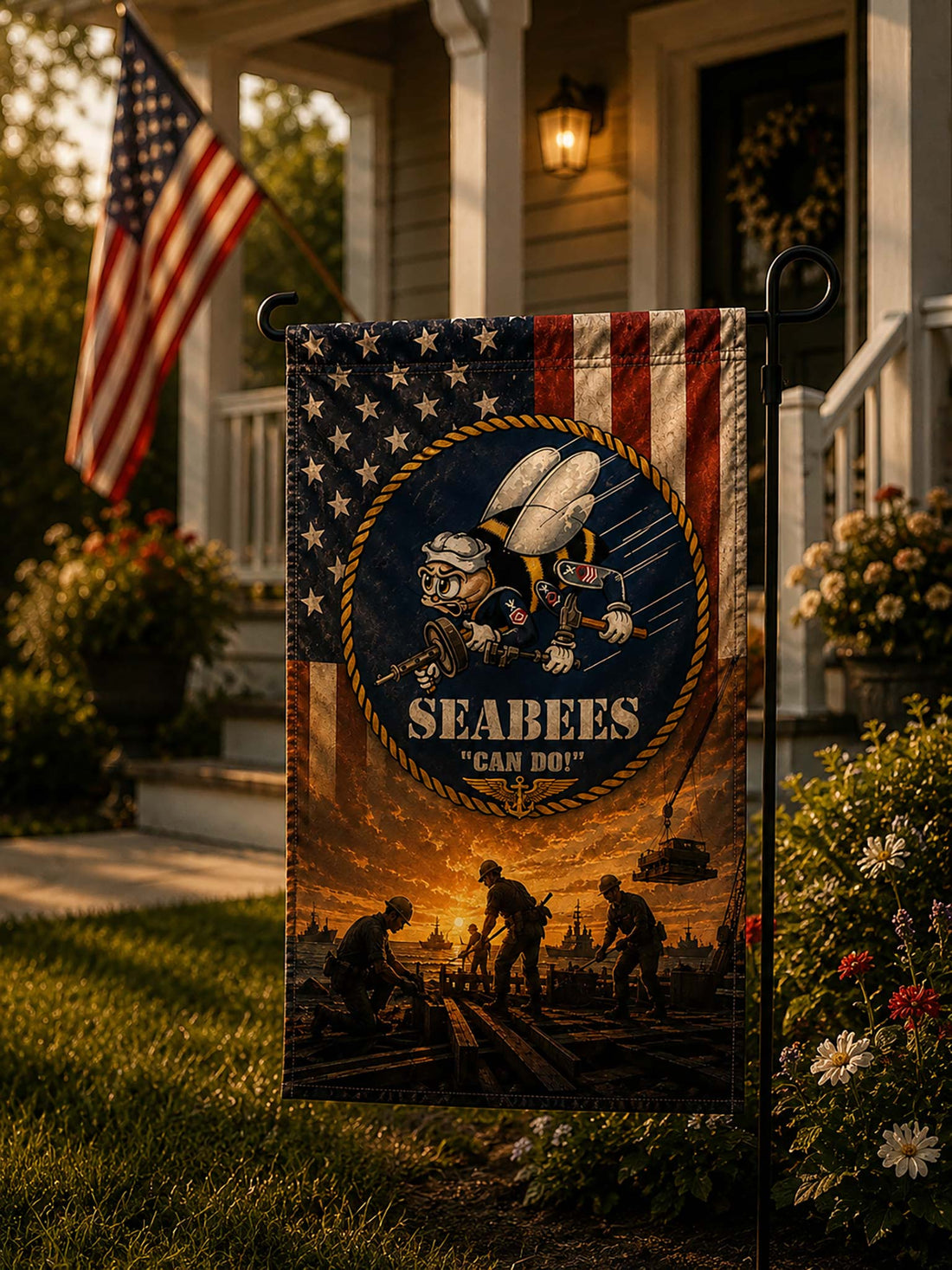 A garden flag displayed on a black metal stand in a cemetery at sunset. The flag features a distressed American flag background with a central circular emblem of a sailor and the text 'SEABEES CAN DO!'.