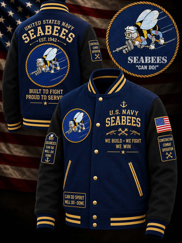 A navy and black varsity-style jacket with U.S.