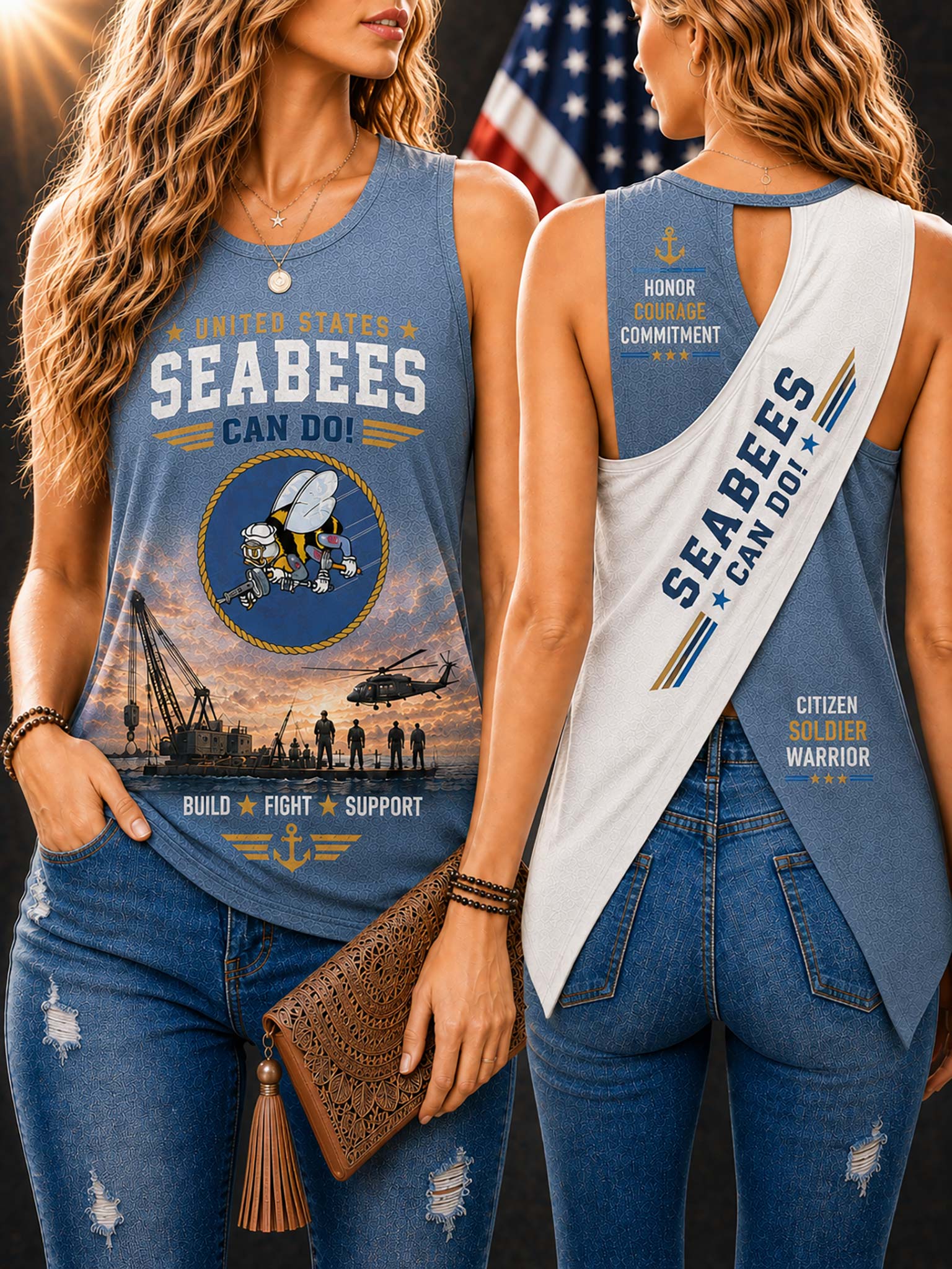 Two women modeling matching blue sleeveless tank tops with U.S.