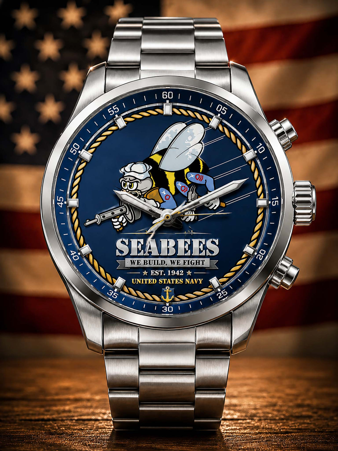 A stainless steel wristwatch with a blue Seabees dial featuring a cartoon bee and the text 'SEABEES WE BUILD WE FIGHT EST. 1942 UNITED STATES NAVY,' shown on a wooden surface with an American flag background.