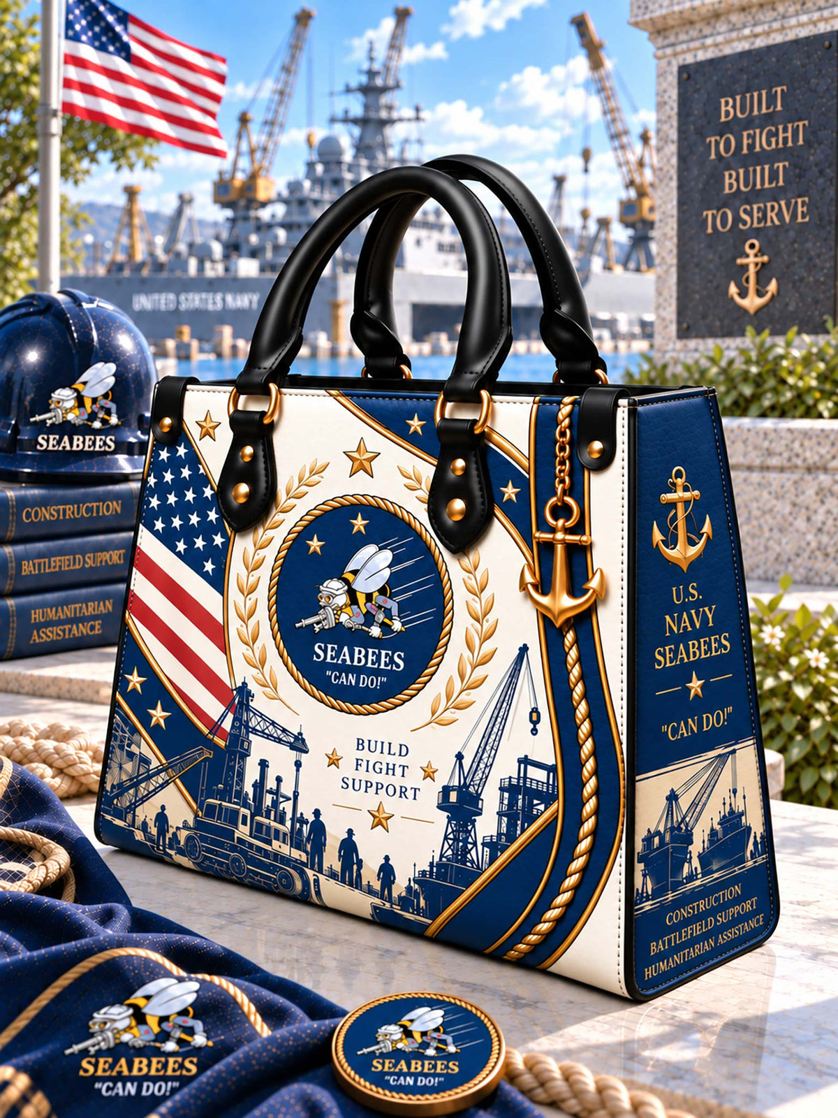 Seabees Heritage Elegance Leather Bag front view with bee emblem and construction artwork