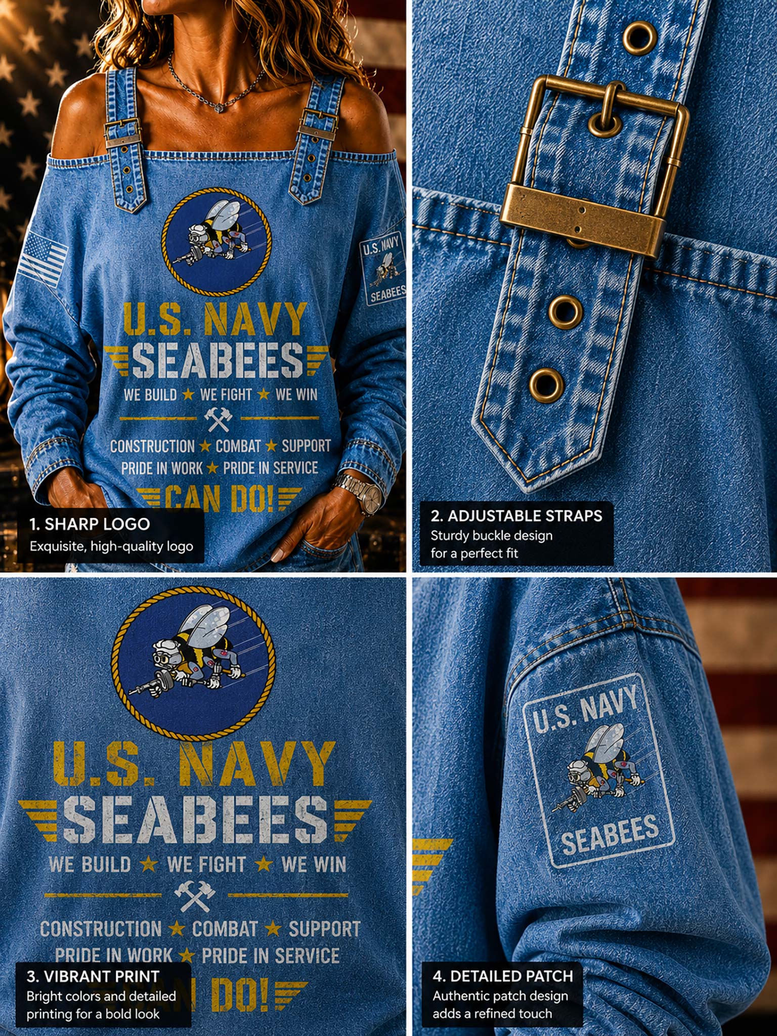 A four-panel product collage showing a blue denim-style U.S.