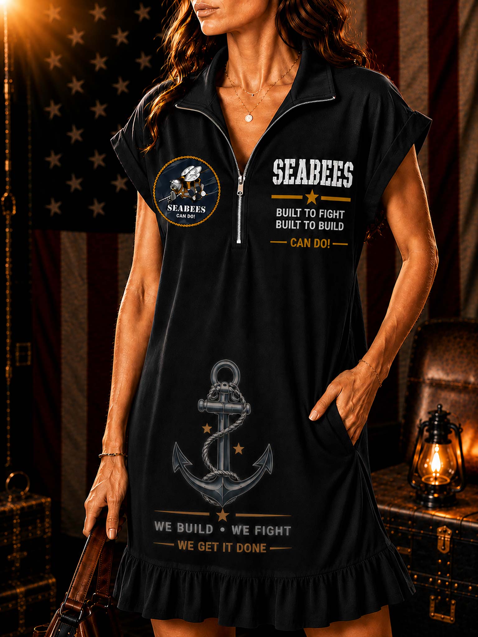 A woman wearing a black sleeveless zip-front dress with Seabees graphics, including a circular logo patch, 'SEABEES BUILT TO FIGHT BUILT TO BUILD CAN DO!' text, and an anchor design on the front. The background is a dimly lit, rustic room with an American flag and a lantern.