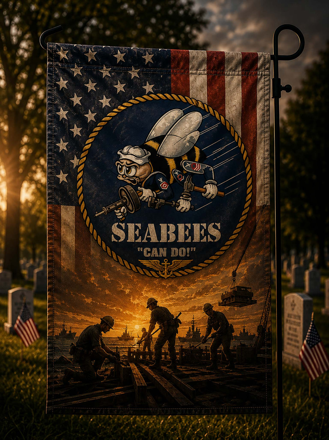 A garden flag displayed on a black metal stand in a cemetery at sunset. The flag features a distressed American flag background with a central circular emblem of a sailor and the text 'SEABEES CAN DO!'.