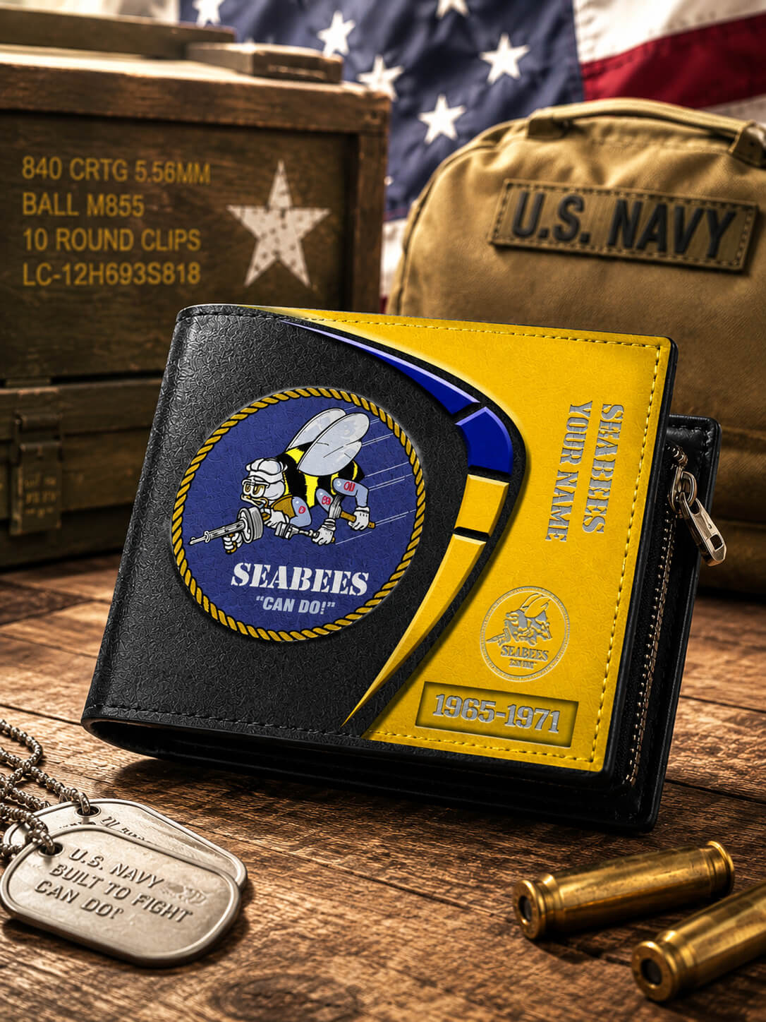 A custom Seabees bi-fold wallet displayed on a rustic wooden table with military-themed props including a U.S.