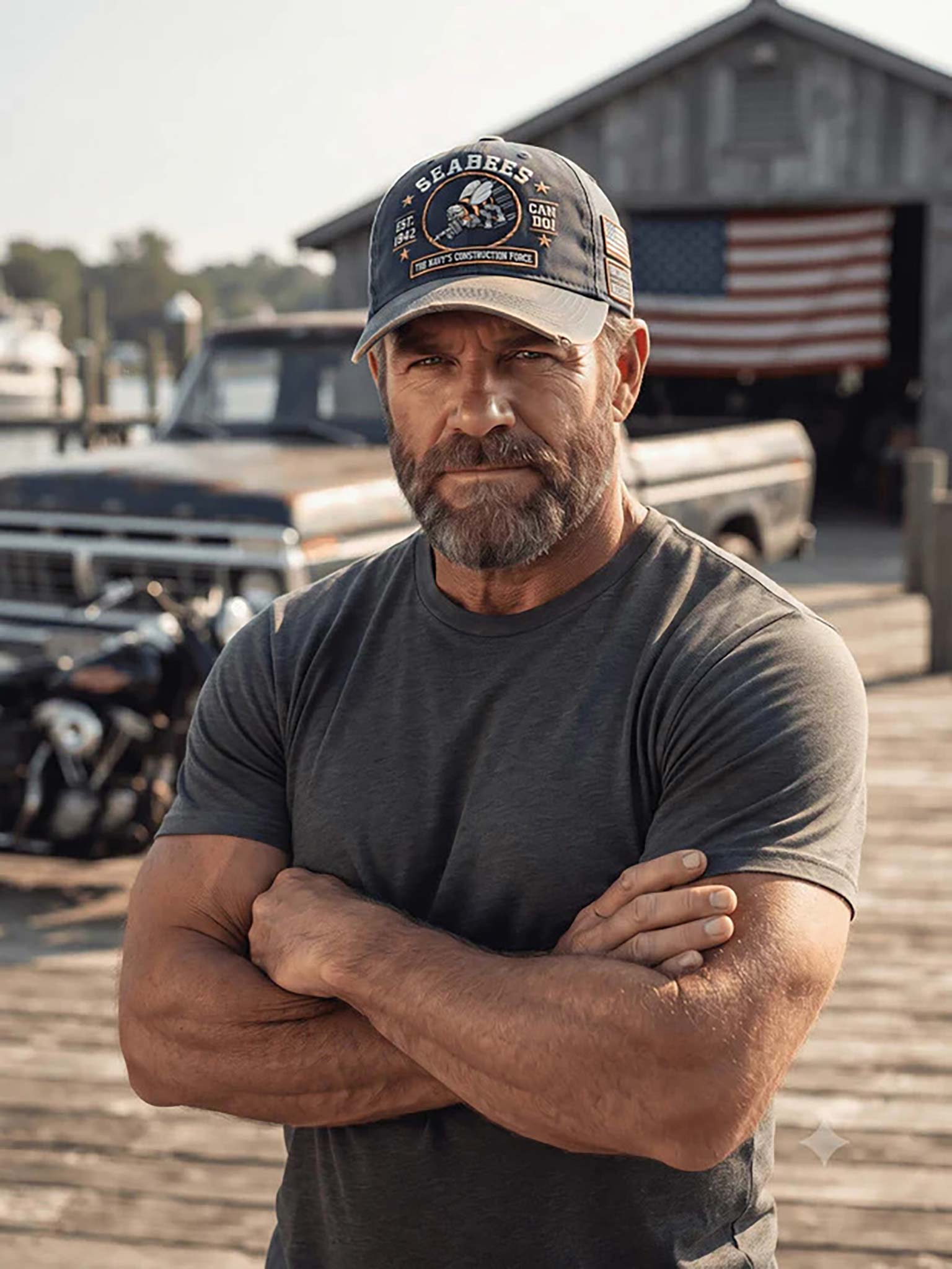 A muscular man with a beard wearing a dark gray t-shirt and a baseball cap with a 'Blades' logo, standing with arms crossed in front of a rustic wooden dock, vintage truck, and garage with an American flag.