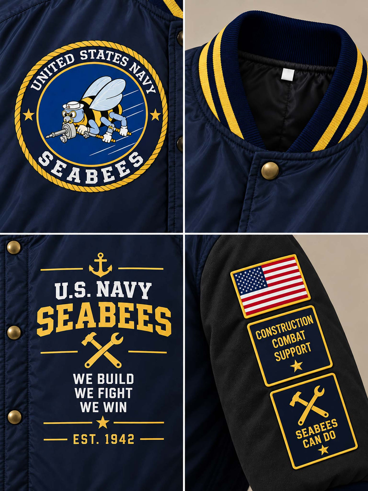 A navy blue varsity-style jacket shown in a four-panel close-up collage. The jacket features a circular United States Navy Seabees emblem on the chest, a yellow and navy striped ribbed collar, gold snap buttons, and printed graphics on the sleeves including 'U.
