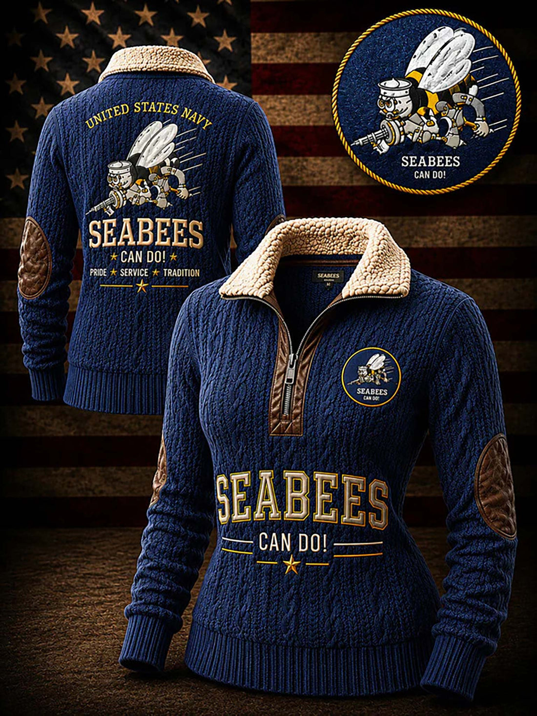 A navy blue cable-knit quarter-zip sweater with a beige sherpa collar, brown elbow patches, and 'SEABEES CAN DO!' graphics on the front and back. The image shows both front and back views of the sweater, along with a circular inset of the back graphic, set against a rustic American flag background.