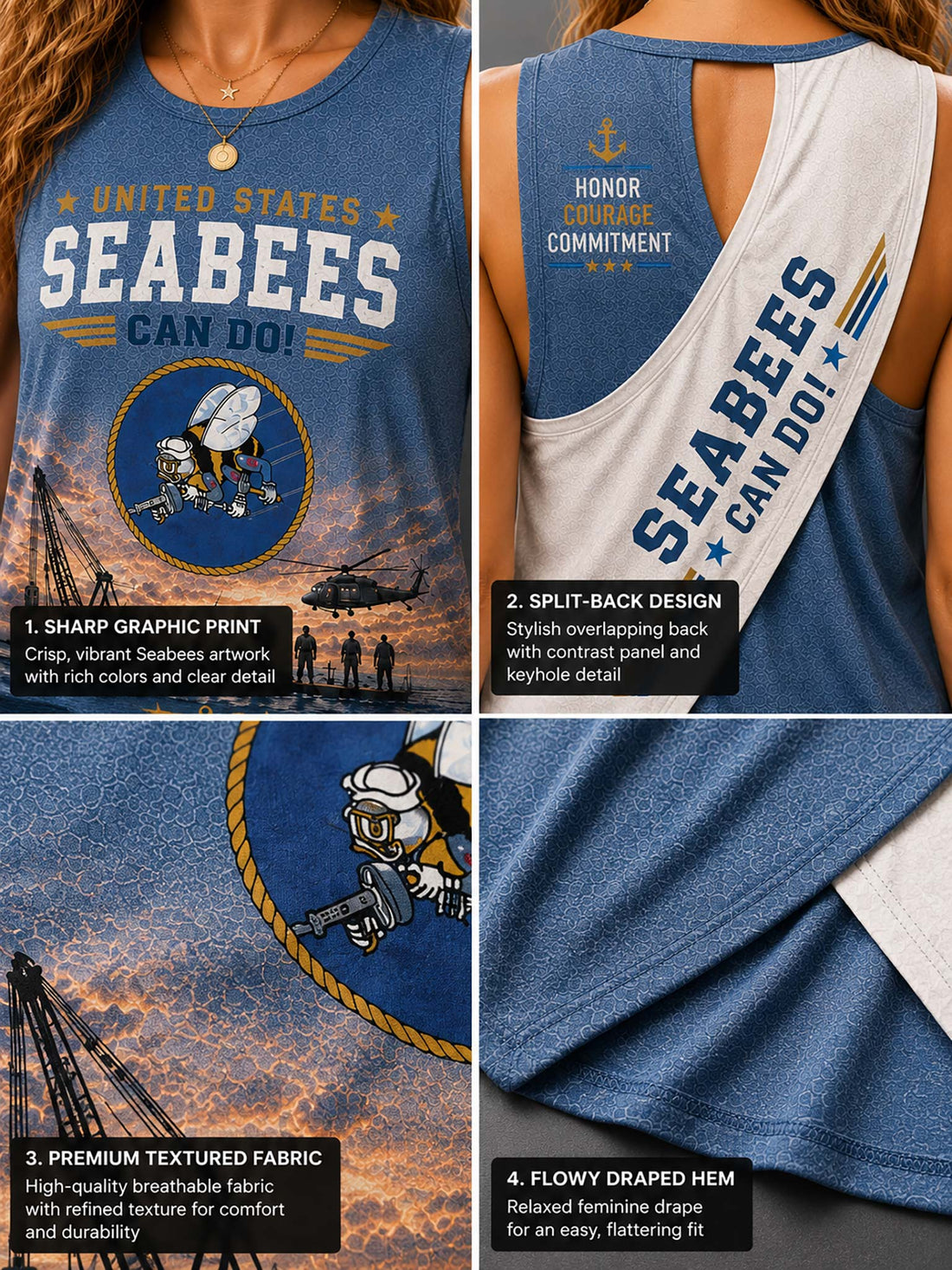 Two women modeling a blue graphic tank top showing both front and back views. The front features 'ARMY NATIONAL GUARD' text, a circular emblem, and military-themed imagery.